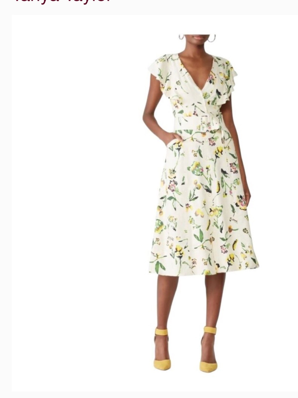 Tanya Taylor Cream Floral Belted Wrap Midi Dress